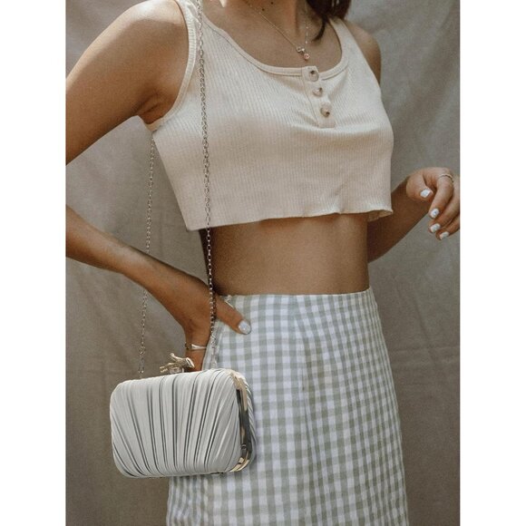 Women's Evening Formal Leather Shoulder Clutch Chain Strap Silver Satin Bag - Picture 6 of 6